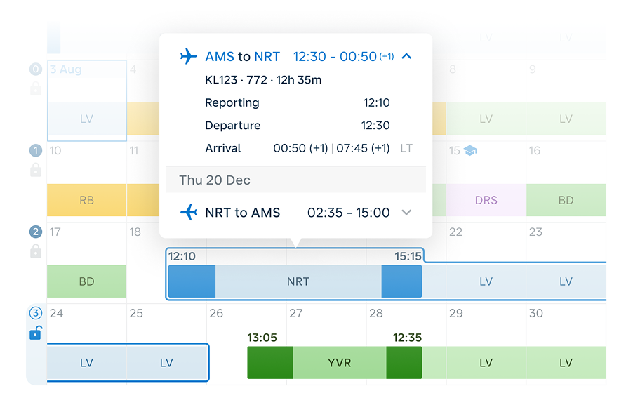 KLM crew planning calendar with expanded flight details